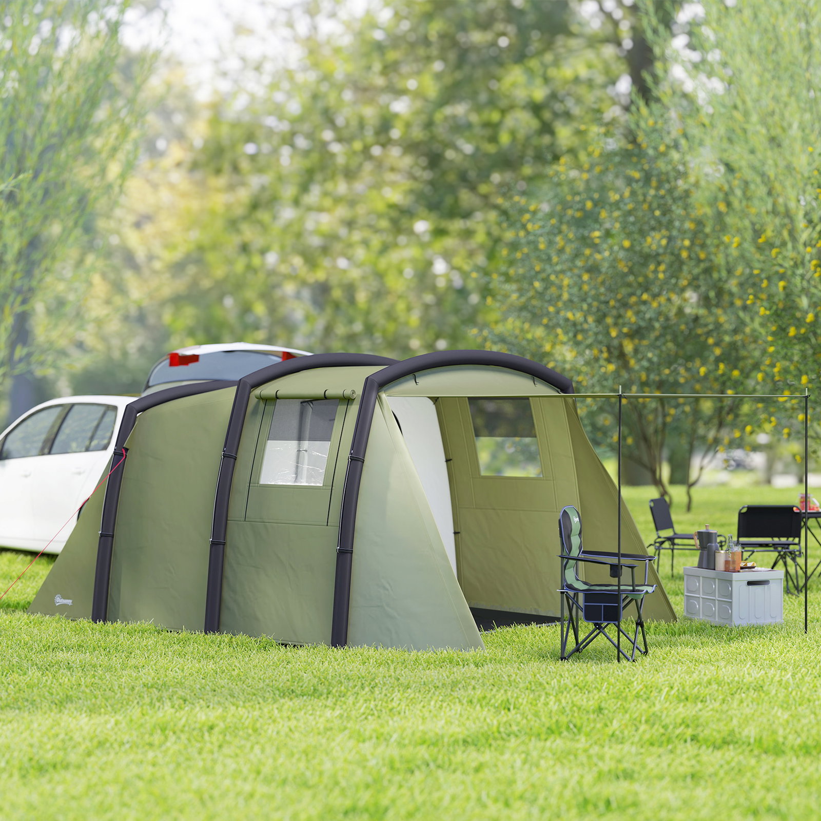Tenda de campismo inflável familiar para 3-4 pessoas janelas de malha e bolsa de transporte proteção UV 50+ 440x280x195 cm verde-oliva