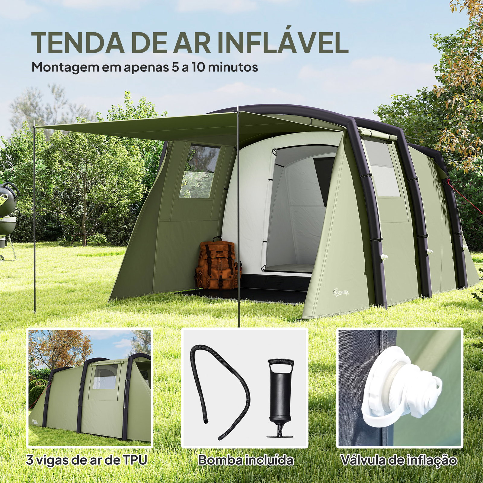 Tenda de campismo inflável familiar para 3-4 pessoas janelas de malha e bolsa de transporte proteção UV 50+ 440x280x195 cm verde-oliva