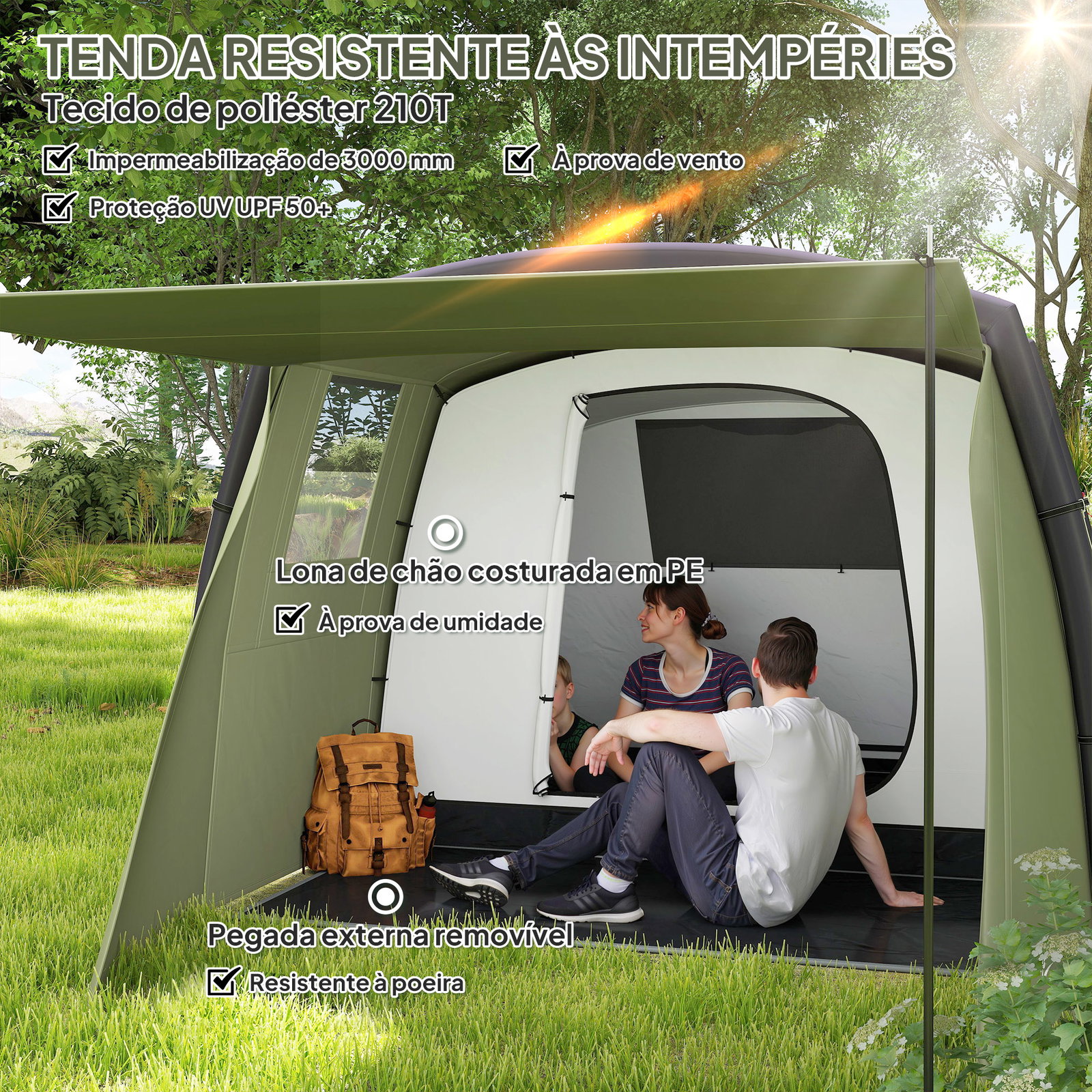Tenda de campismo inflável familiar para 3-4 pessoas janelas de malha e bolsa de transporte proteção UV 50+ 440x280x195 cm verde-oliva