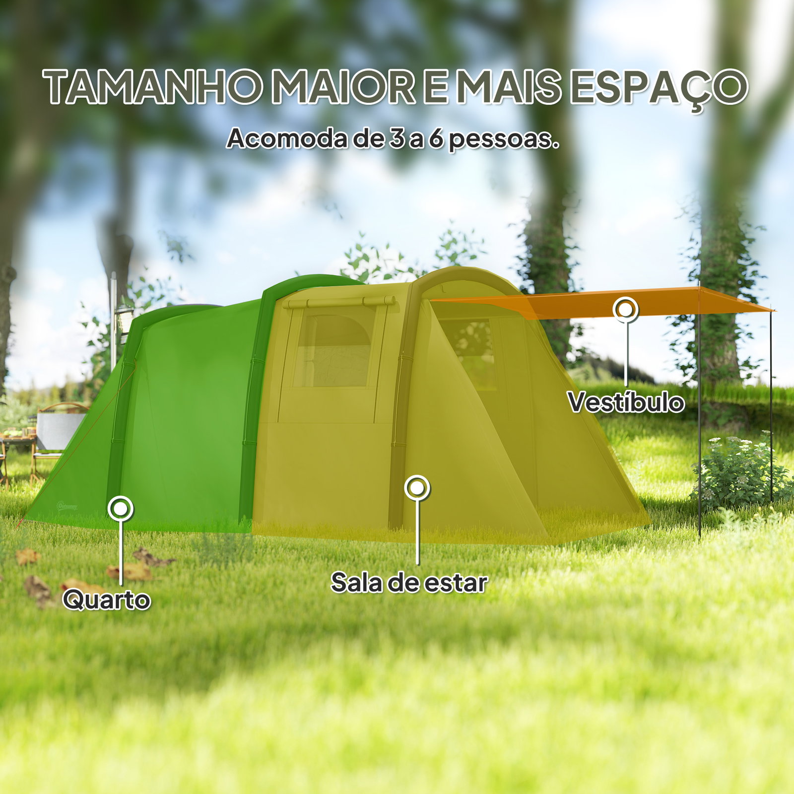 Tenda de campismo inflável familiar para 3-4 pessoas janelas de malha e bolsa de transporte proteção UV 50+ 440x280x195 cm verde-oliva