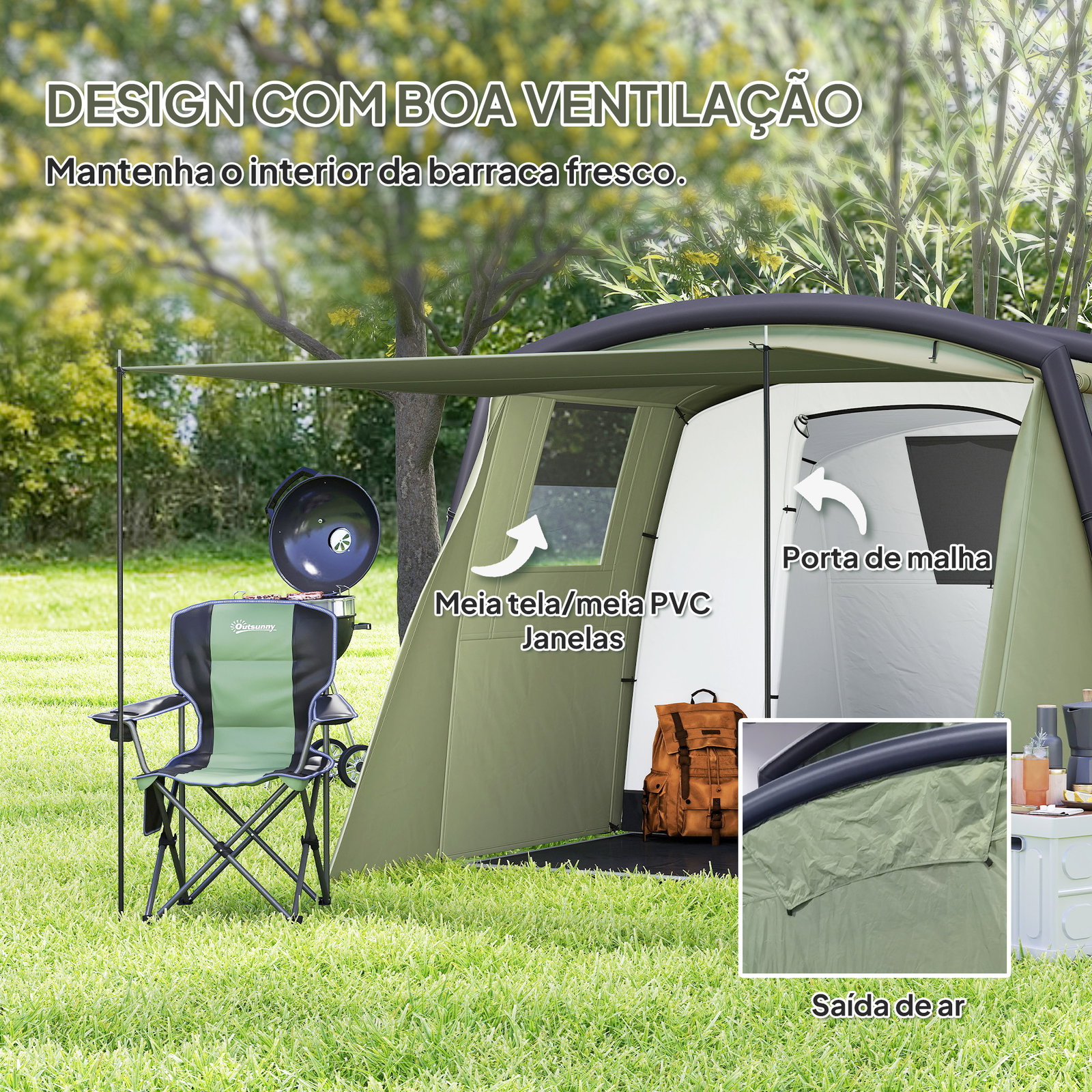 Tenda de campismo inflável familiar para 3-4 pessoas janelas de malha e bolsa de transporte proteção UV 50+ 440x280x195 cm verde-oliva