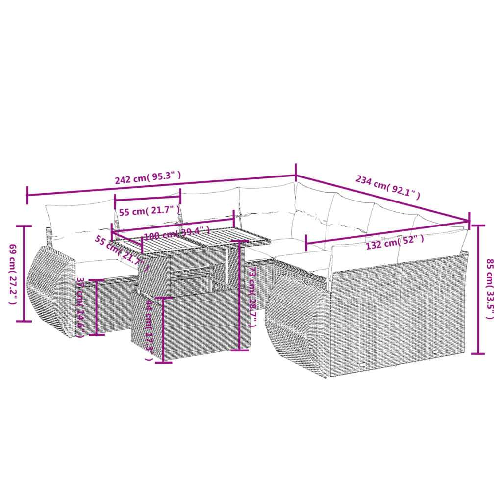 9 Pcs conjunto de sofás p/ jardim com almofadões vime PE bege