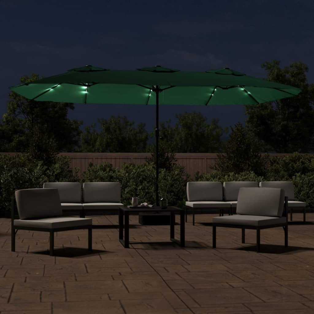 Guarda-sol de jardim c/ cabeça dupla/luzes LED 449x265 cm verde
