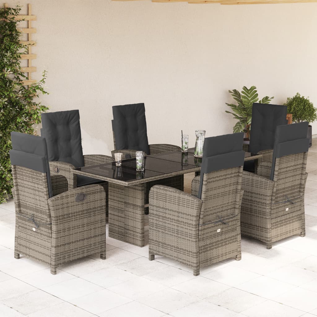 7 Pcs conjunto de jantar p/ jardim c/ almofadões vime PE cinza