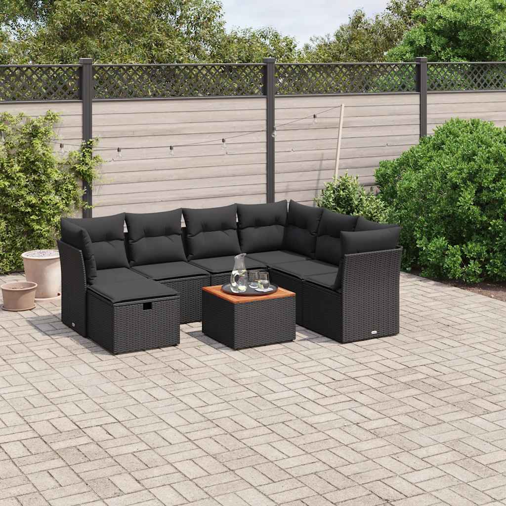 8 Pcs conjunto sofás de jardim com almofadões vime PE preto