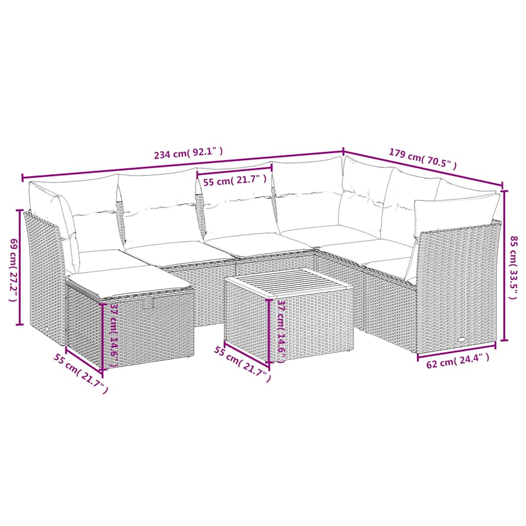 8 Pcs conjunto sofás de jardim com almofadões vime PE preto