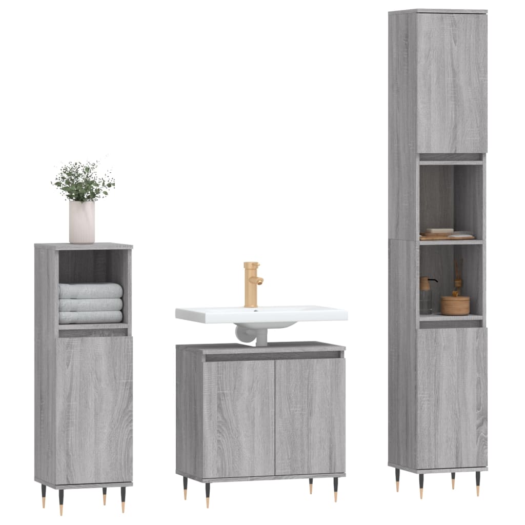 3 Pcs conjunto móveis wc derivados de madeira cinzento sonoma
