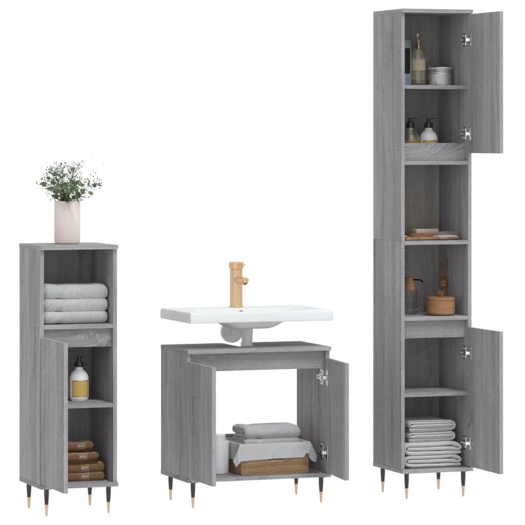 3 Pcs conjunto móveis wc derivados de madeira cinzento sonoma