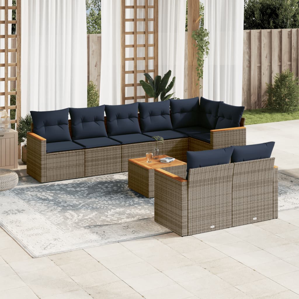 Conjunto de sofá de jardim de 9 peças com almofadas em rattan sintético cinza