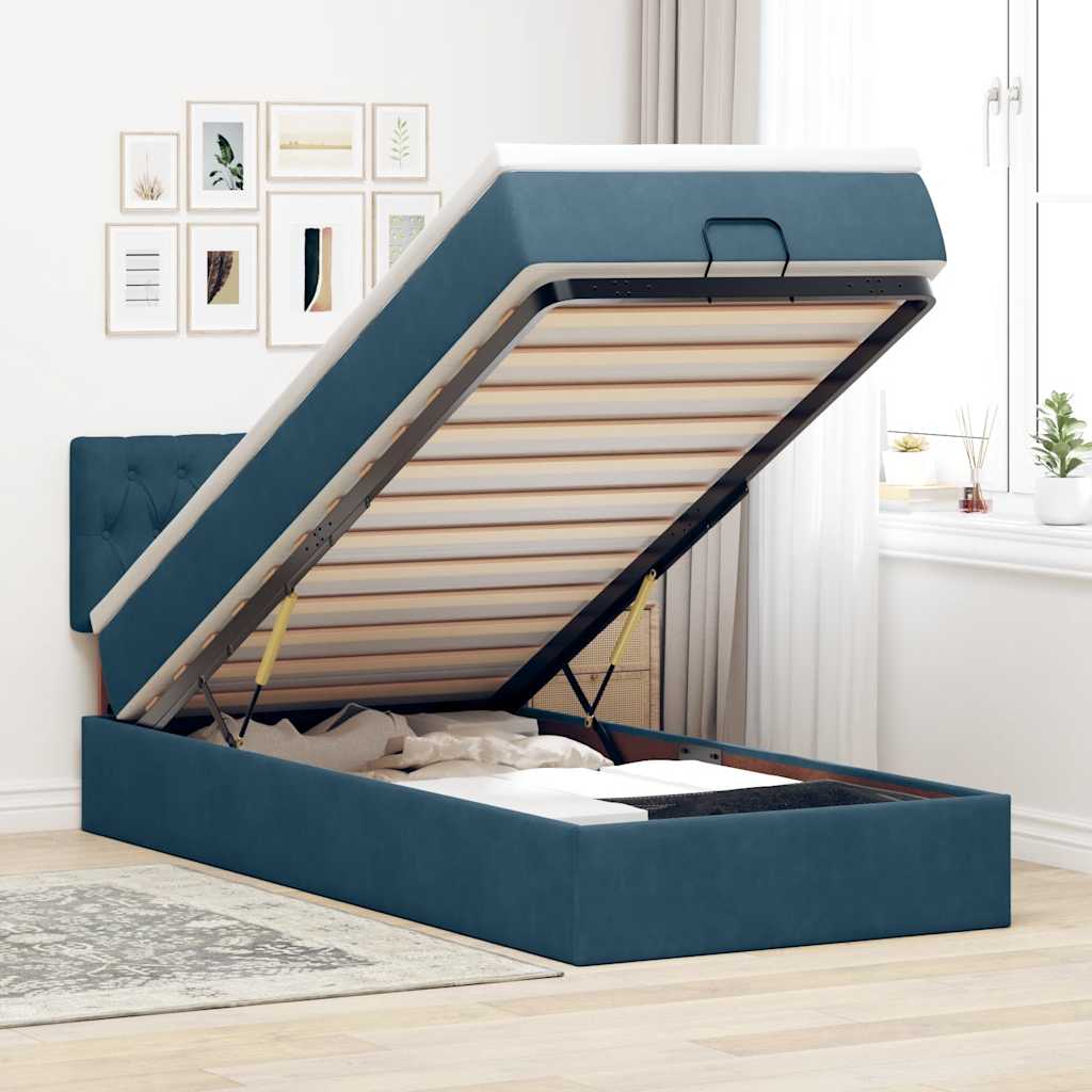 Estrutura cama otomana com colchão azul escuro 90x190cm veludo