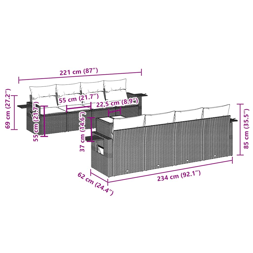 9 Pcs conjunto de sofás p/ jardim c/ almofadões vime PE preto