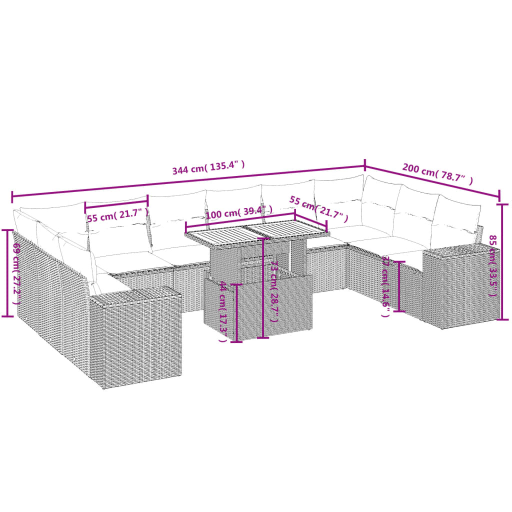 11 Pcs conjunto sofás de jardim c/ almofadões vime PE preto