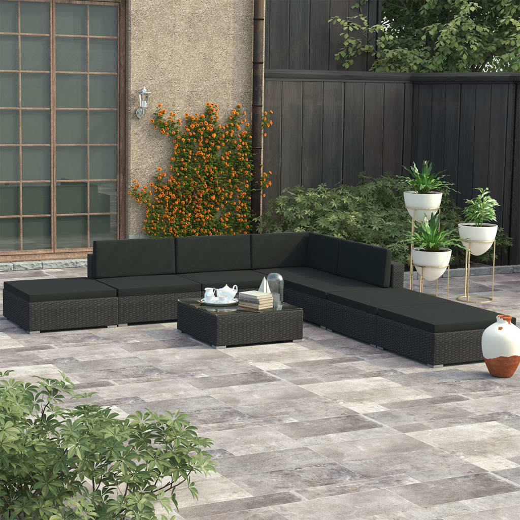8 Pcs conjunto lounge de jardim c/ almofadões vime PE preto
