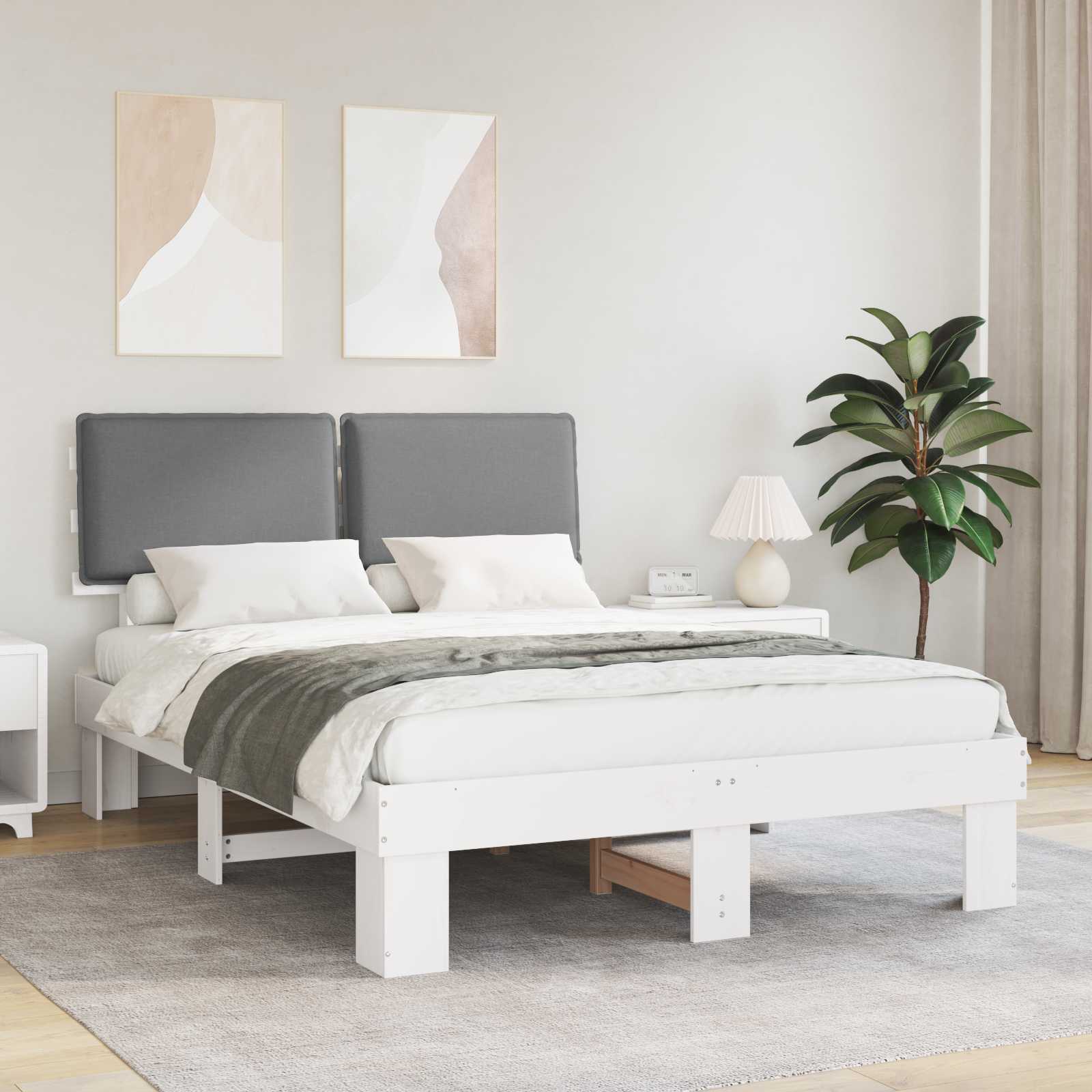 Estrutura de cama com cabeceira estofada cinzento-claro