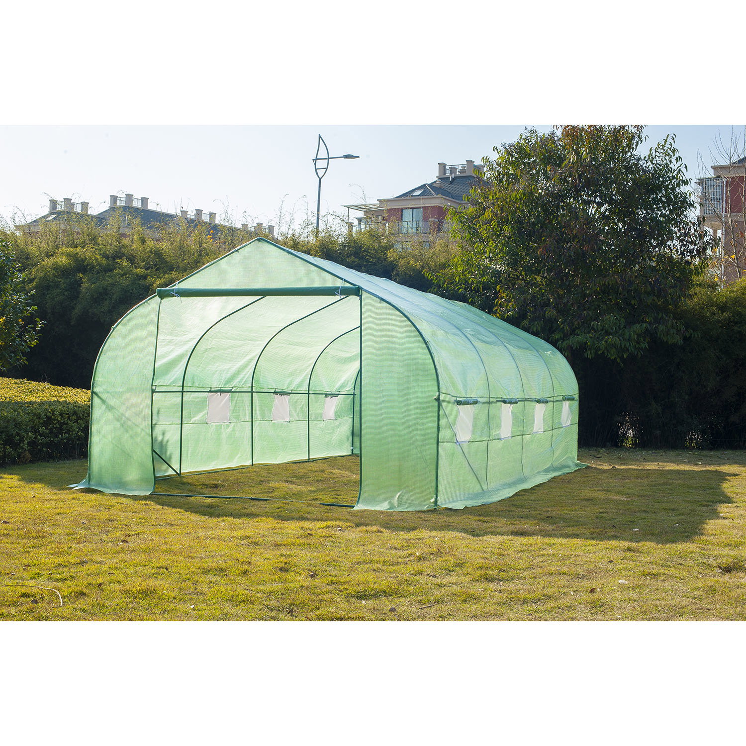 Estufa tipo túnel de jardim 600x300x200cm para cultivo de plantas verduras com 8 janelas e porta enroláveis com zíper aço verde