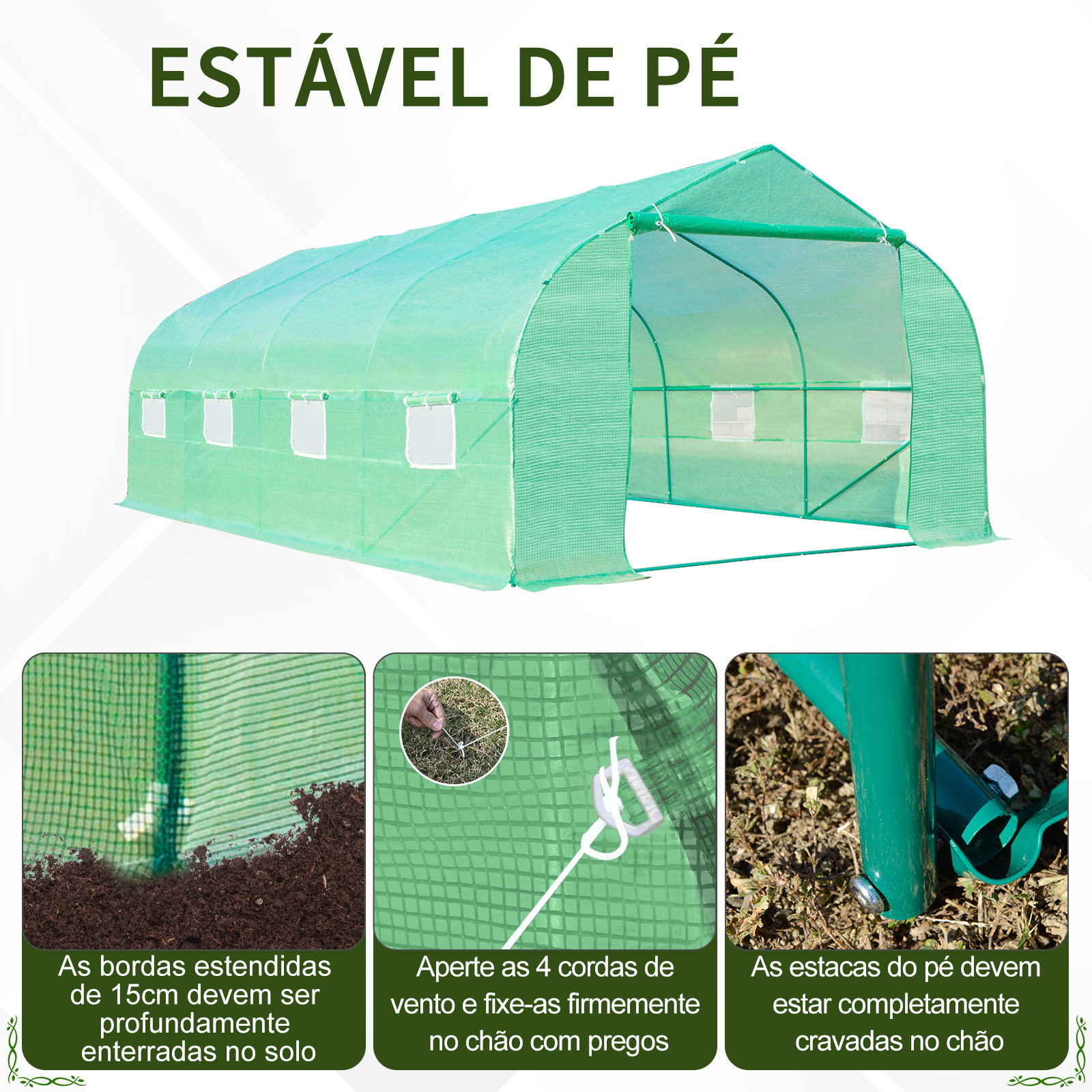 Estufa tipo túnel de jardim 600x300x200cm para cultivo de plantas verduras com 8 janelas e porta enroláveis com zíper aço verde