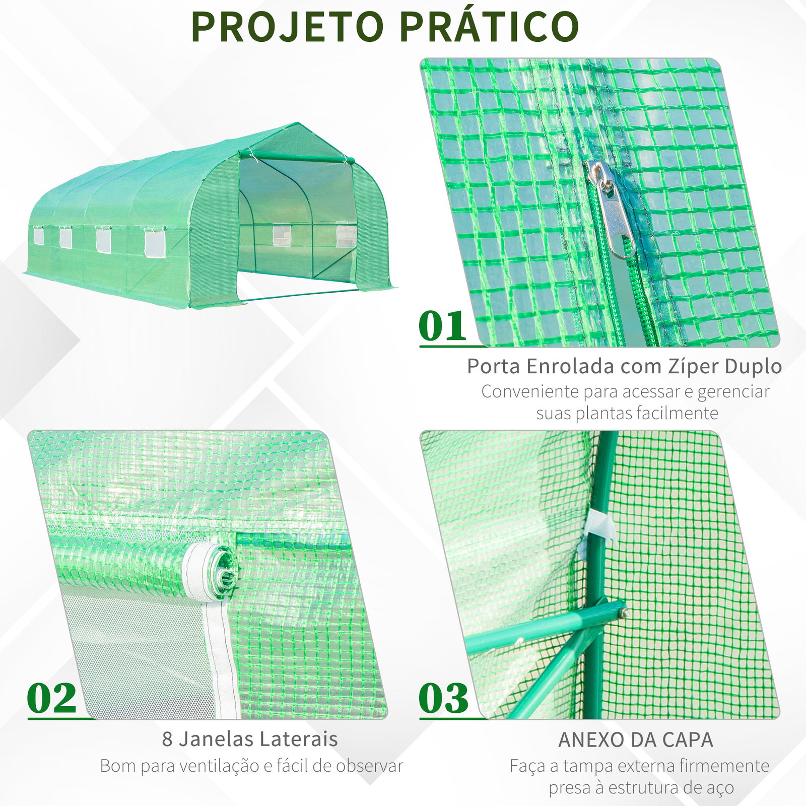 Estufa tipo túnel de jardim 600x300x200cm para cultivo de plantas verduras com 8 janelas e porta enroláveis com zíper aço verde
