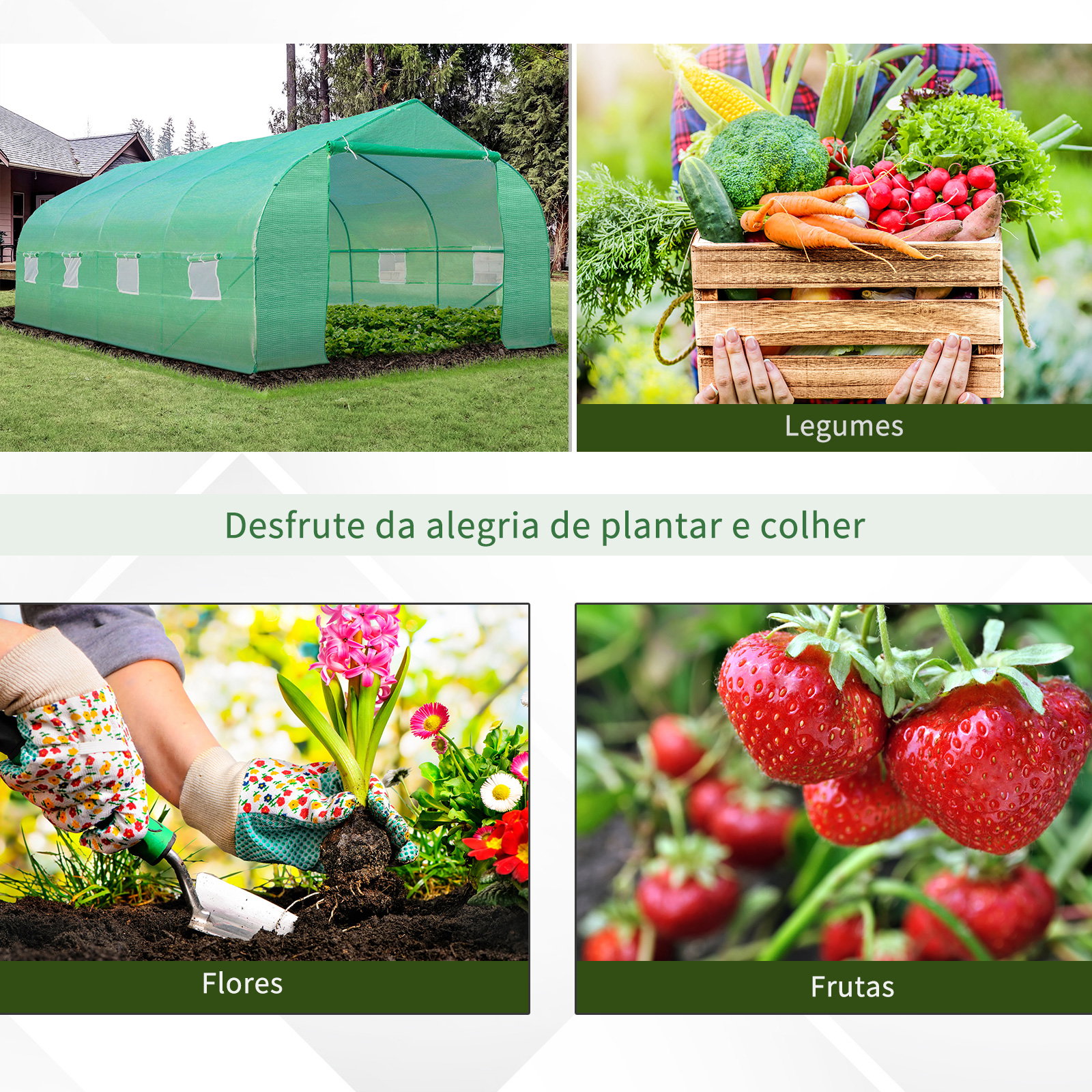 Estufa tipo túnel de jardim 600x300x200cm para cultivo de plantas verduras com 8 janelas e porta enroláveis com zíper aço verde