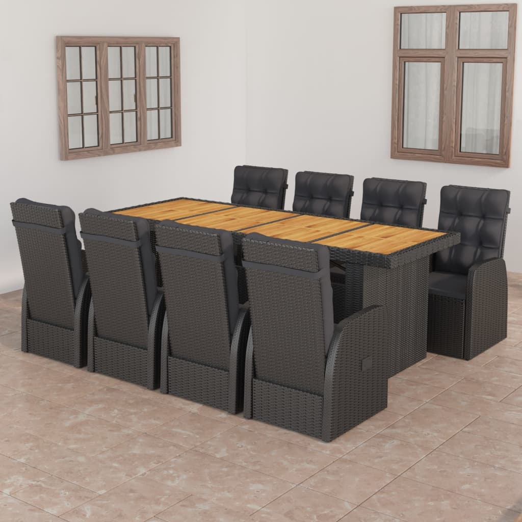 9 Pcs conjunto jantar exterior com almofadões vime PE preto