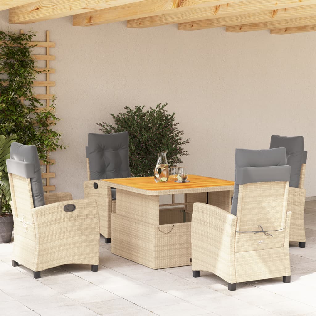 5 Pcs conjunto de jantar p/ jardim com almofadões vime PE bege