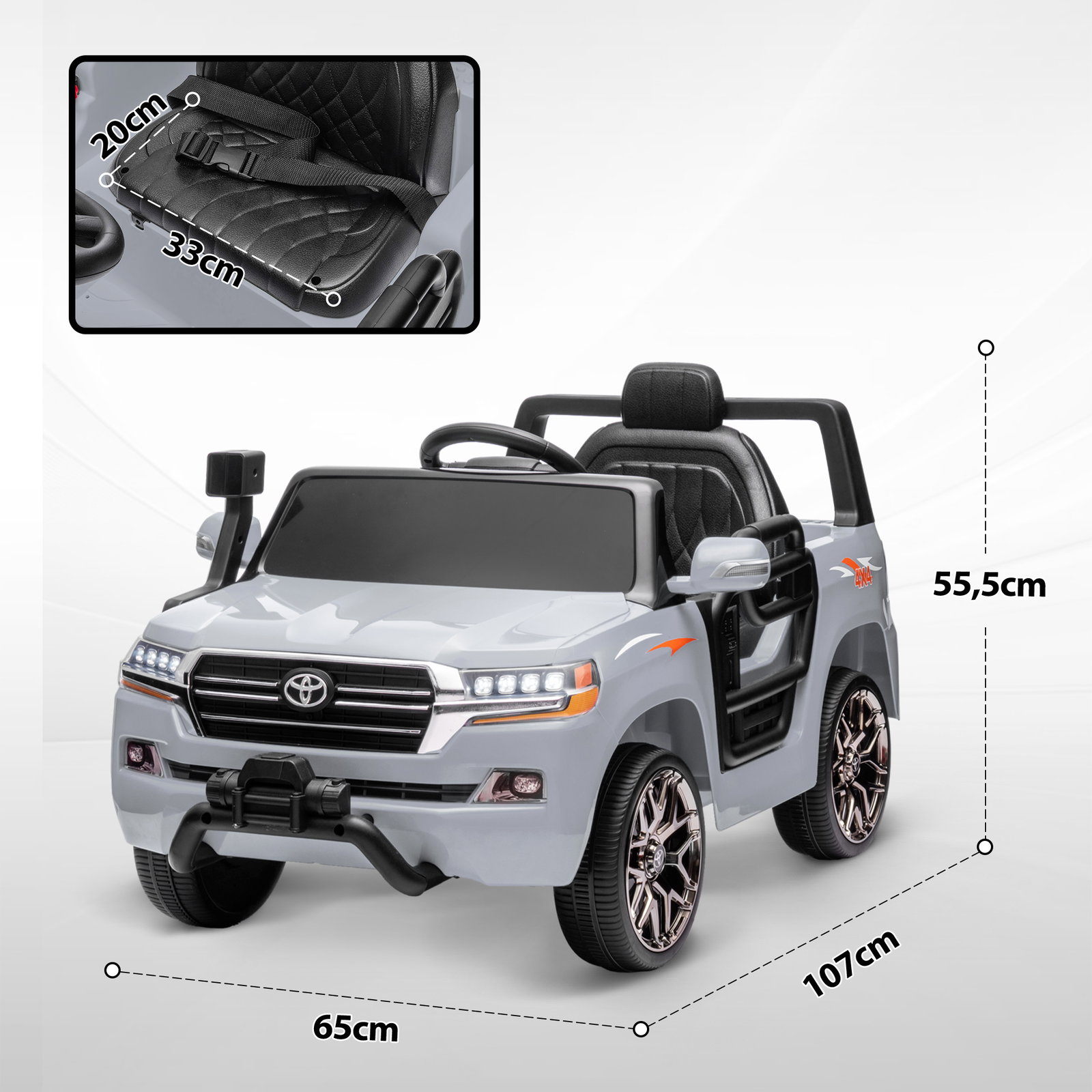 Carro elétrico para crianças toyota land cruiser 12v com faróis buzina arranque lento e música mp3 107x65x55,5 cm cinza