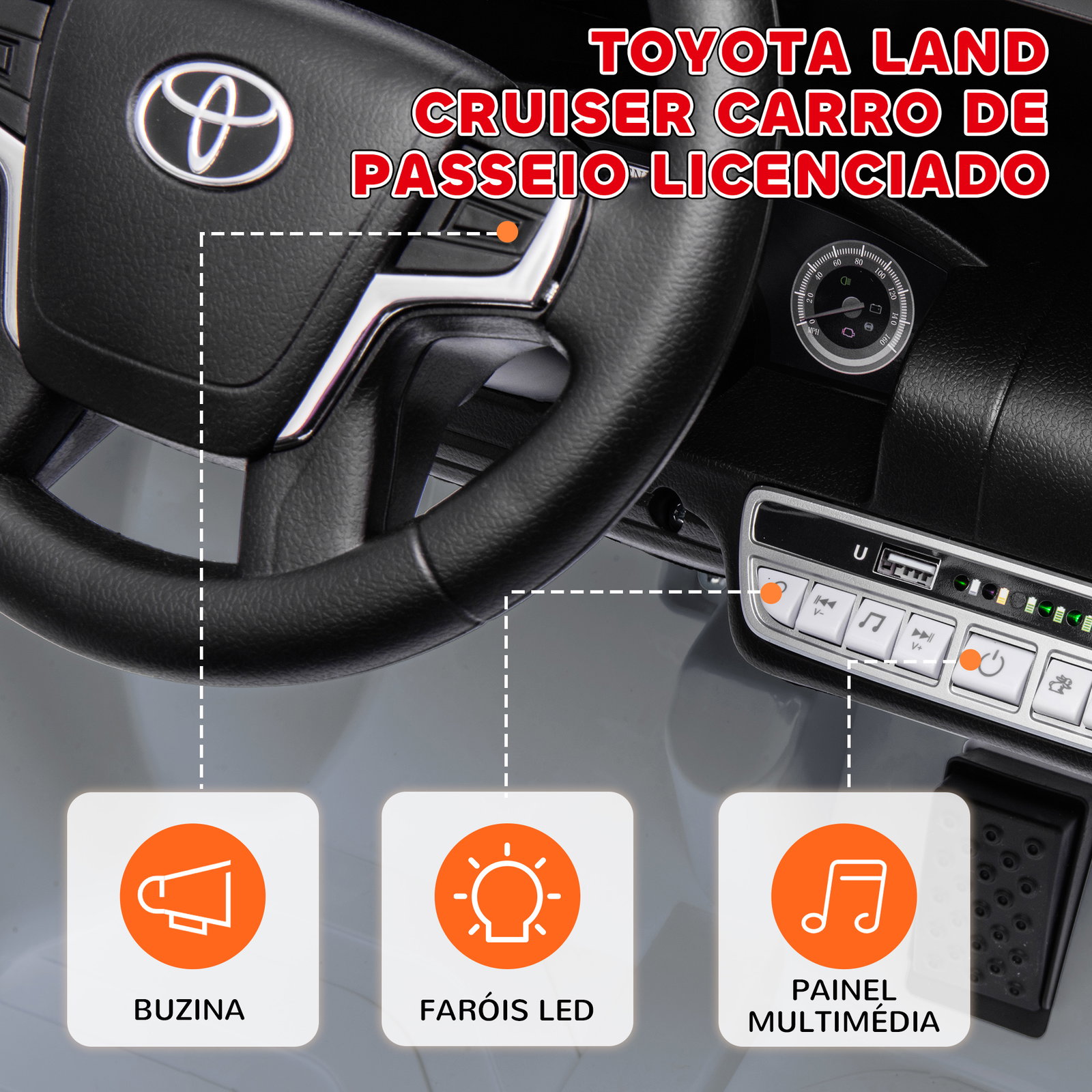 Carro elétrico para crianças toyota land cruiser 12v com faróis buzina arranque lento e música mp3 107x65x55,5 cm cinza