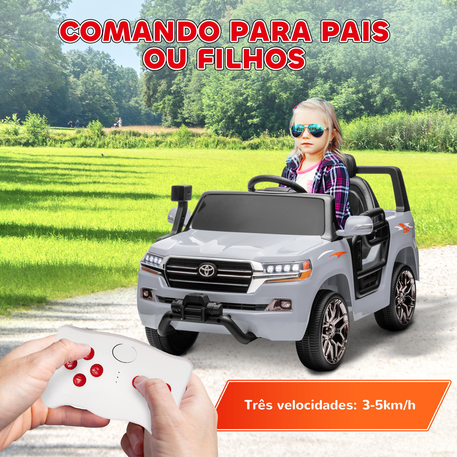 Carro elétrico para crianças toyota land cruiser 12v com faróis buzina arranque lento e música mp3 107x65x55,5 cm cinza