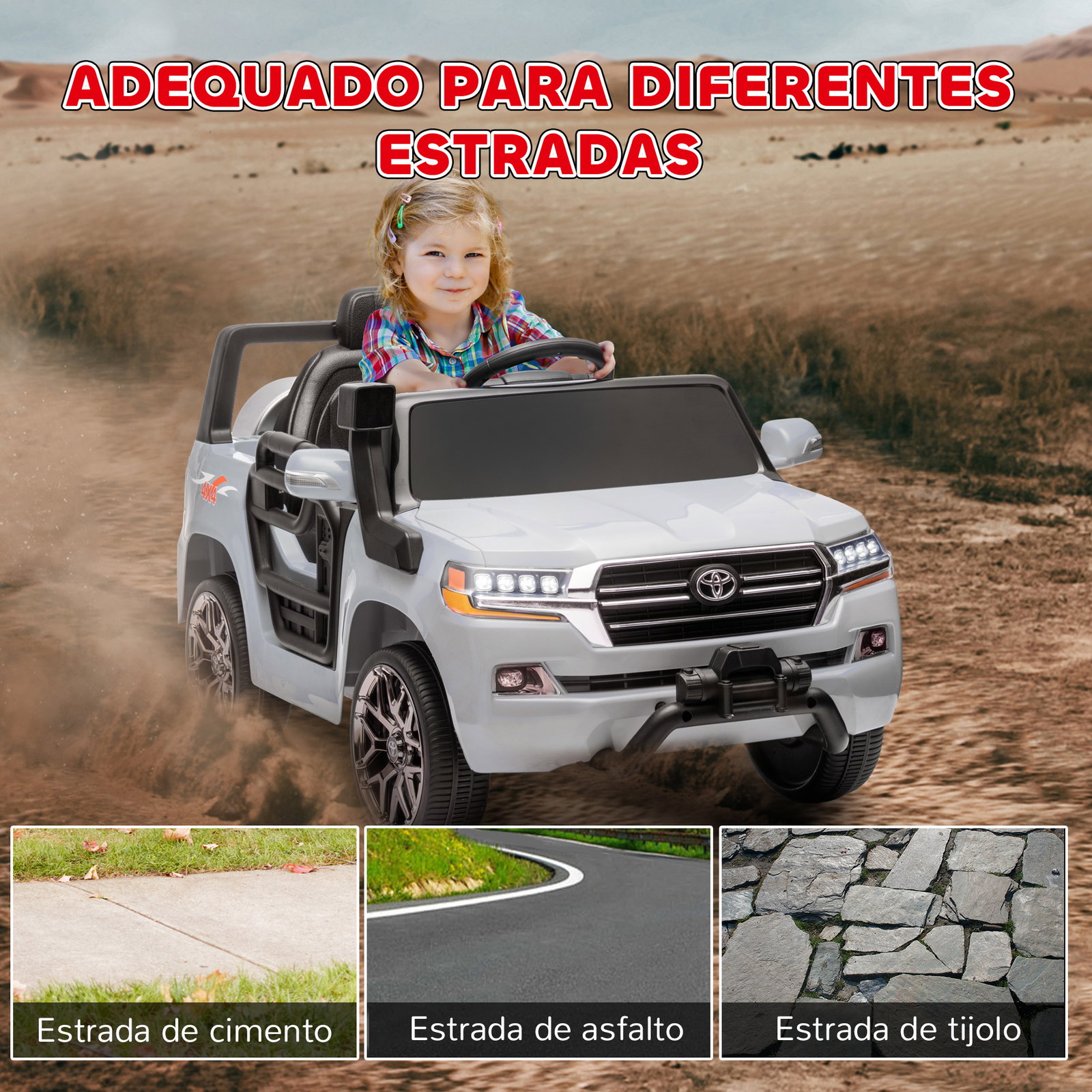 Carro elétrico para crianças toyota land cruiser 12v com faróis buzina arranque lento e música mp3 107x65x55,5 cm cinza