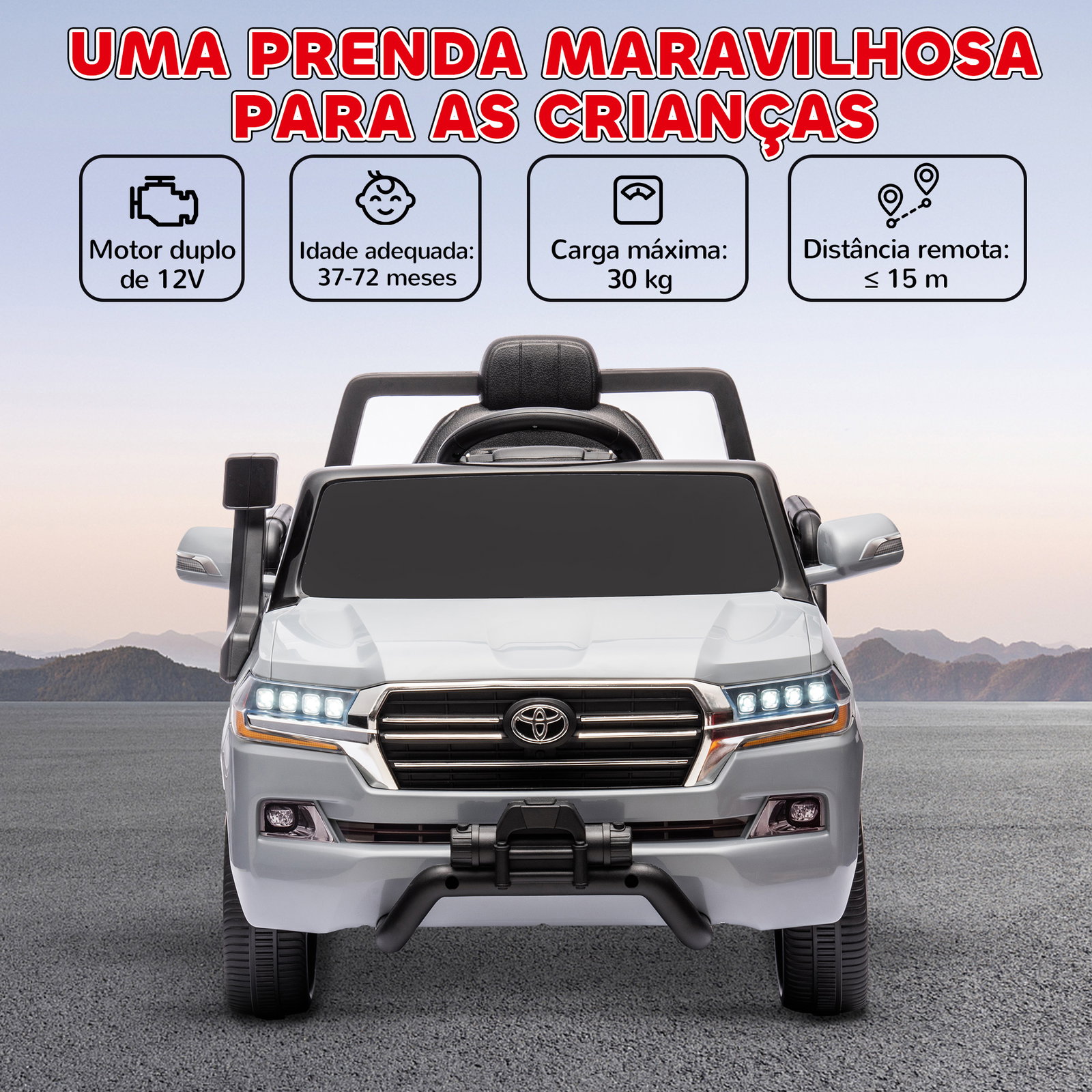 Carro elétrico para crianças toyota land cruiser 12v com faróis buzina arranque lento e música mp3 107x65x55,5 cm cinza