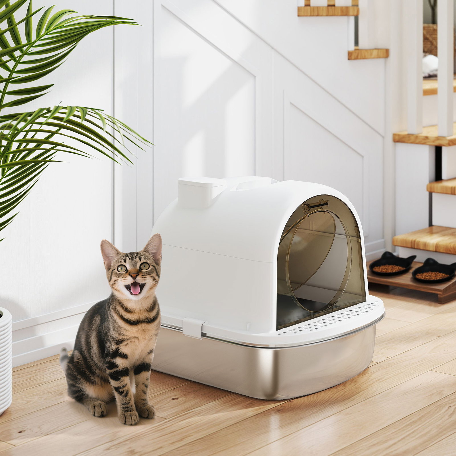 Caixa de areia para gatos em aço inoxidável com tampa caixa de areia com bolsa desodorizante e pá 52,4x41,3x39,9 cm branco