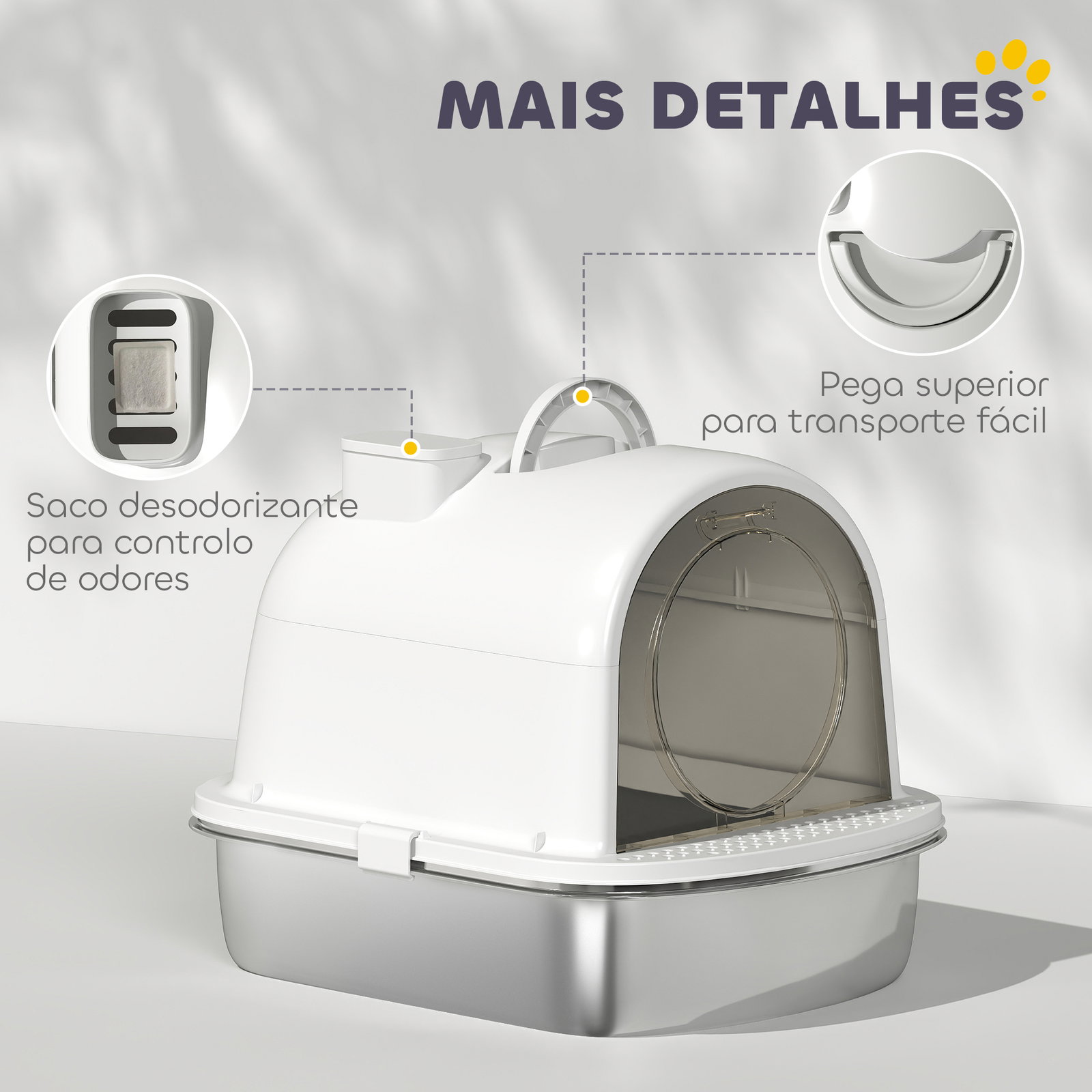 Caixa de areia para gatos em aço inoxidável com tampa caixa de areia com bolsa desodorizante e pá 52,4x41,3x39,9 cm branco