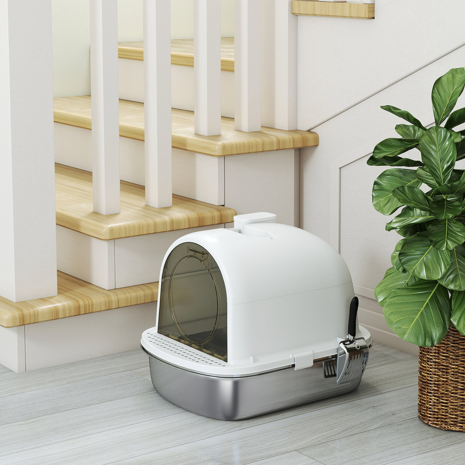 Caixa de areia para gatos em aço inoxidável com tampa caixa de areia com bolsa desodorizante e pá 52,4x41,3x39,9 cm branco