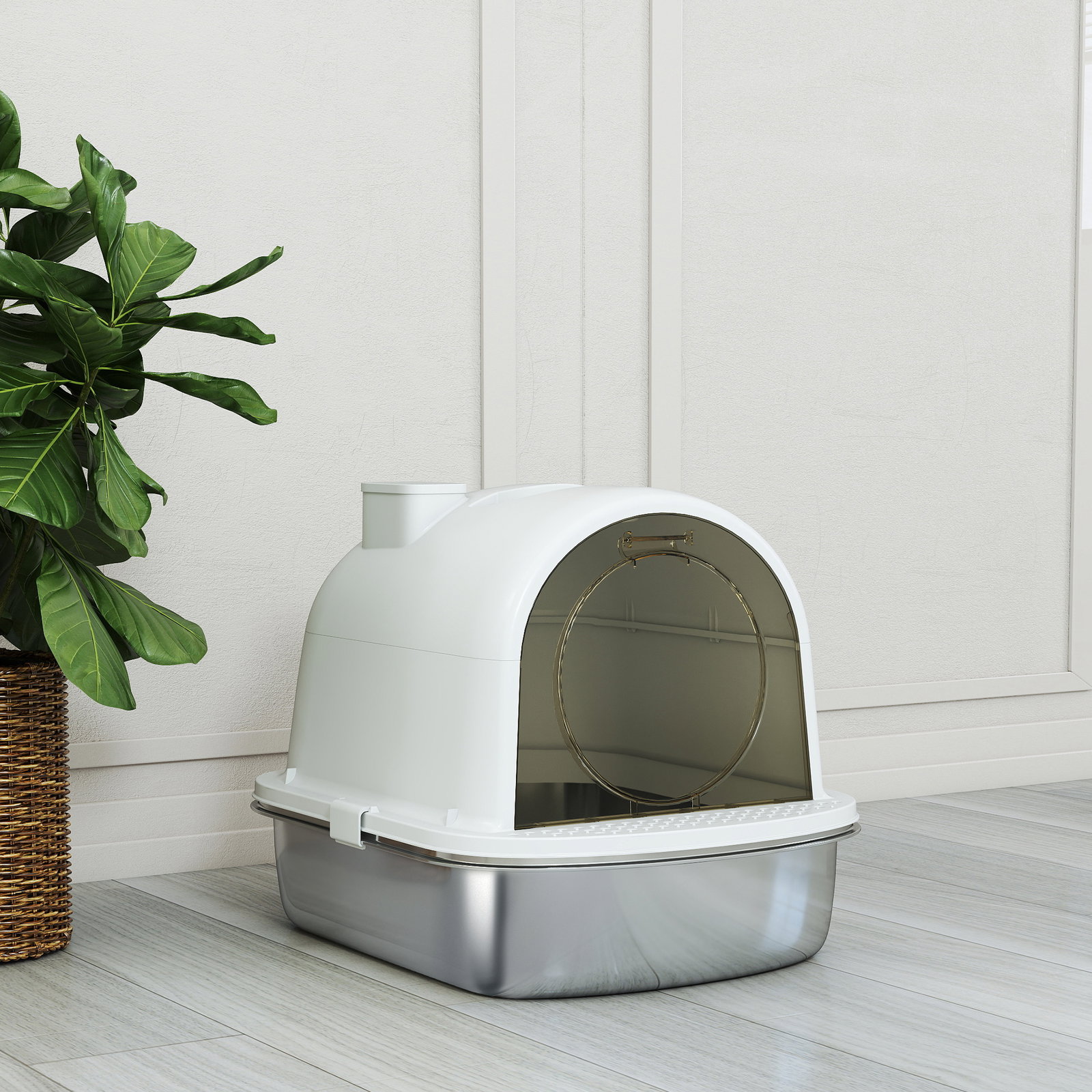 Caixa de areia para gatos em aço inoxidável com tampa caixa de areia com bolsa desodorizante e pá 52,4x41,3x39,9 cm branco