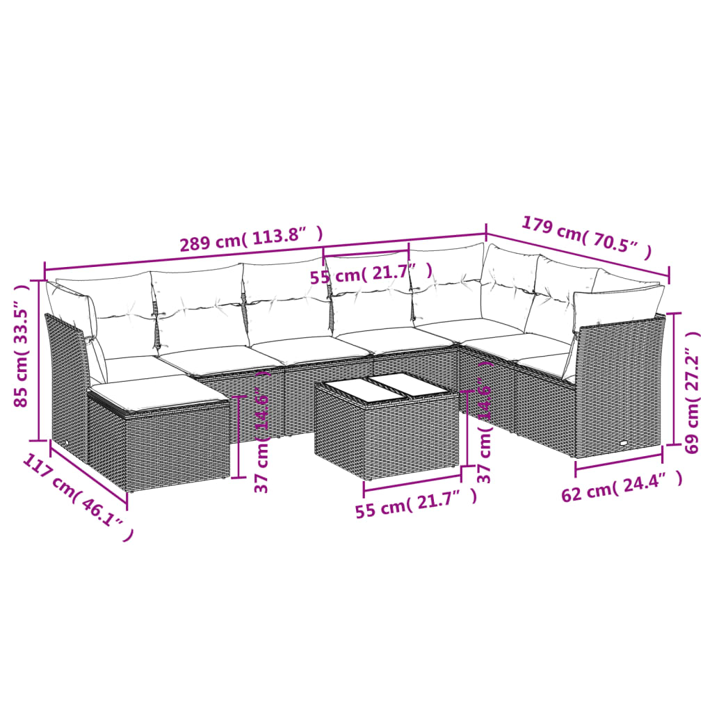 9 Pcs conjunto sofás p/ jardim c/ almofadões vime PE castanho