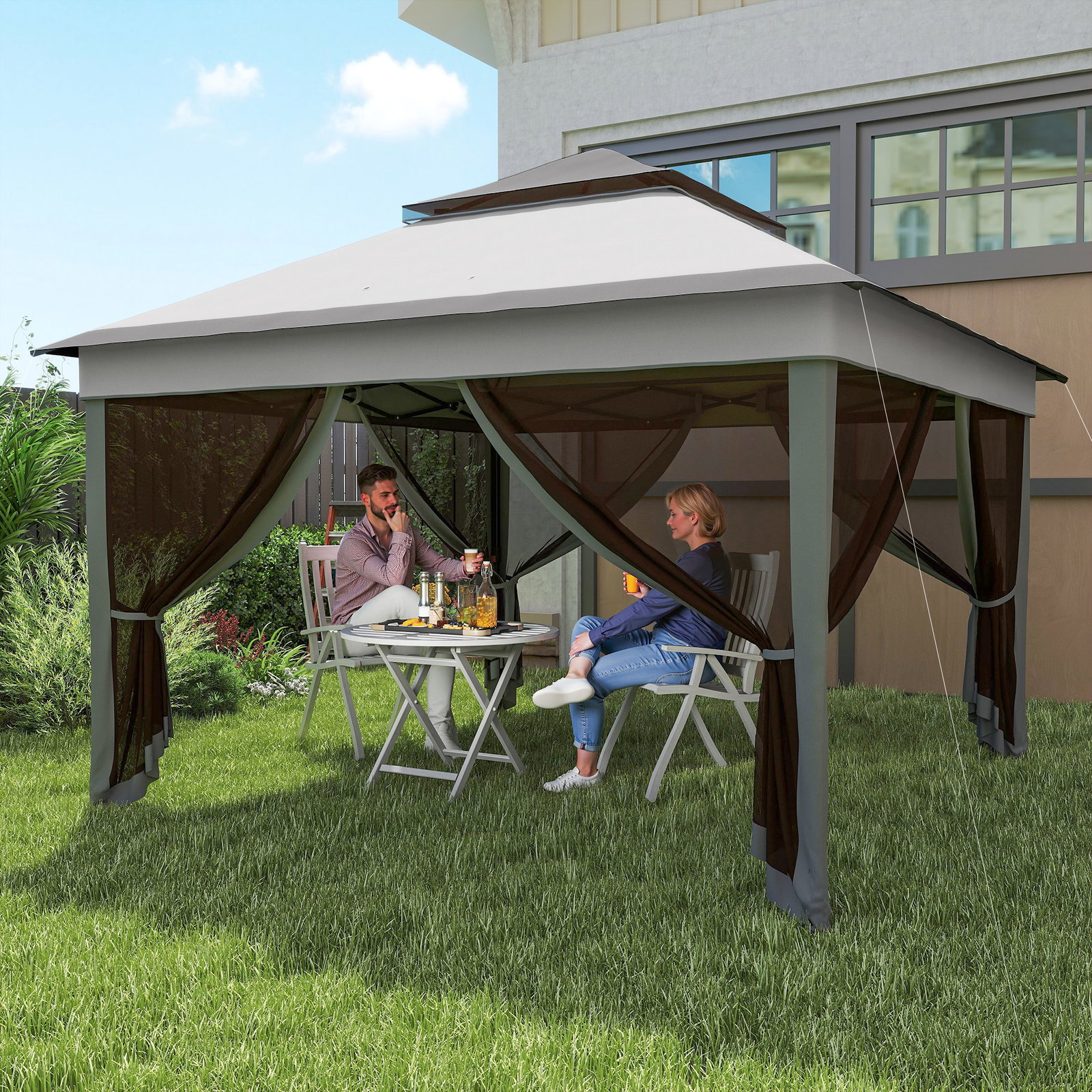 Tenda dobrável 3,26x3,26x2,72 m com altura ajustável 4 painéis de malha proteção uv30+ e bolsa de transporte cinza