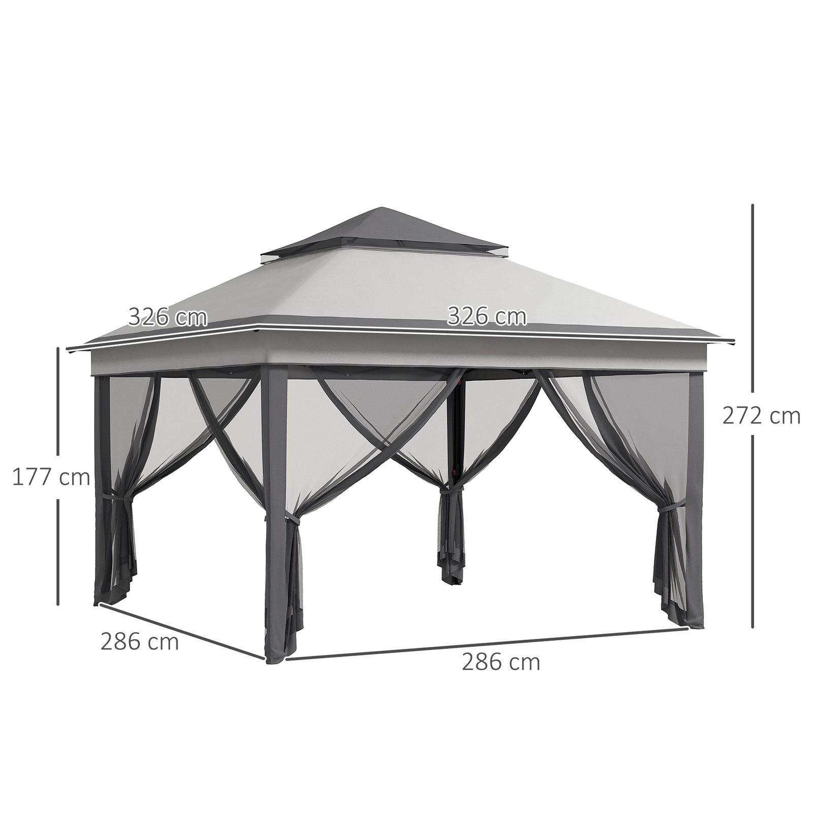 Tenda dobrável 3,26x3,26x2,72 m com altura ajustável 4 painéis de malha proteção uv30+ e bolsa de transporte cinza