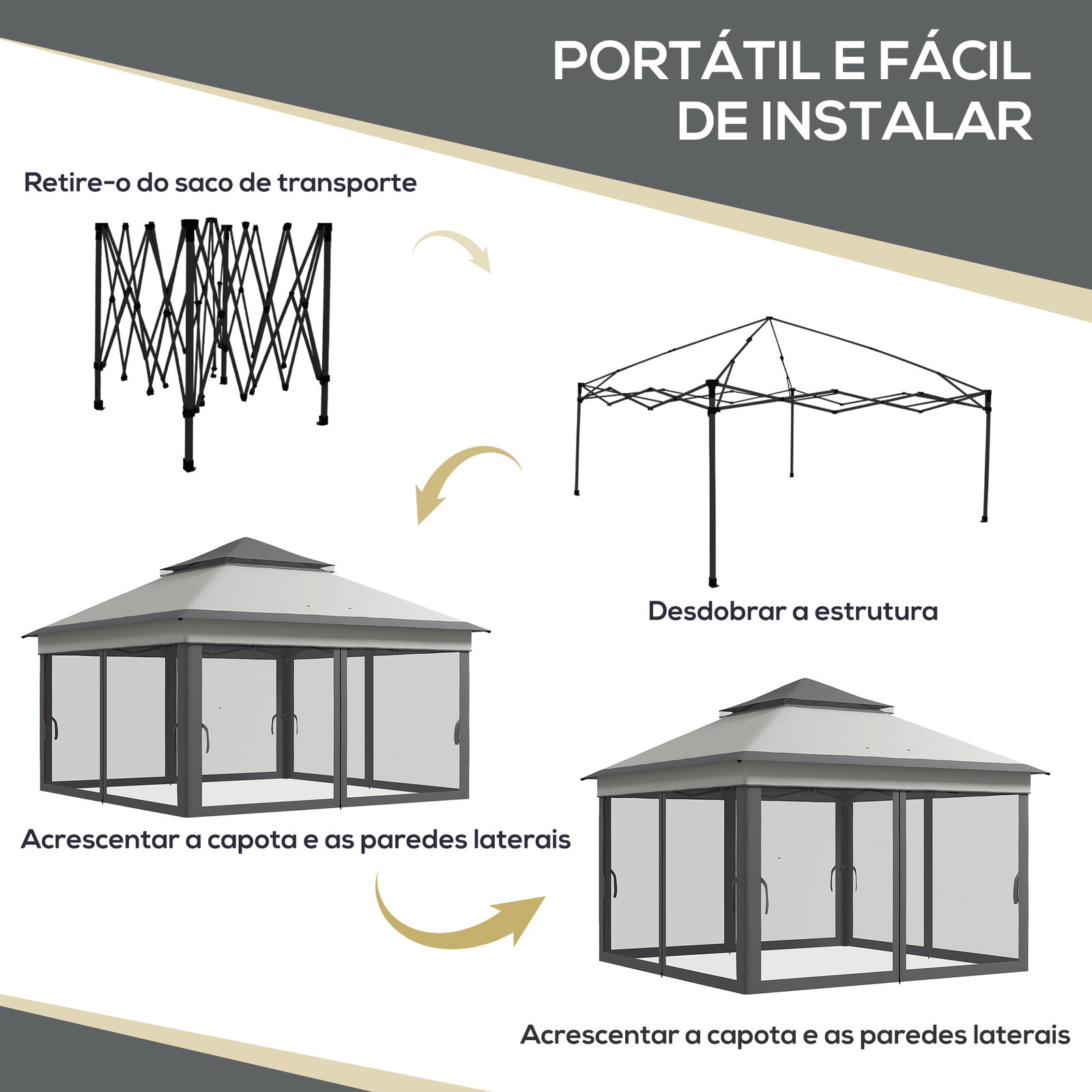 Tenda dobrável 3,26x3,26x2,72 m com altura ajustável 4 painéis de malha proteção uv30+ e bolsa de transporte cinza