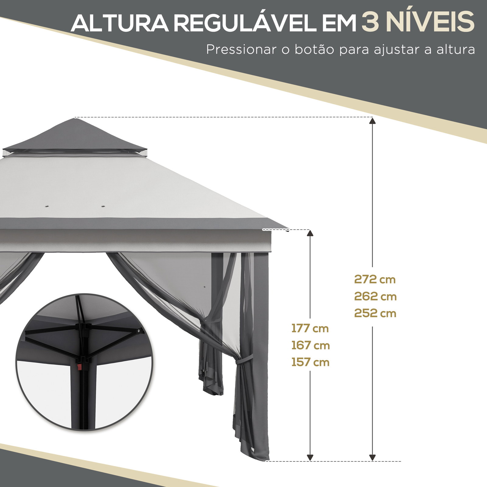 Tenda dobrável 3,26x3,26x2,72 m com altura ajustável 4 painéis de malha proteção uv30+ e bolsa de transporte cinza
