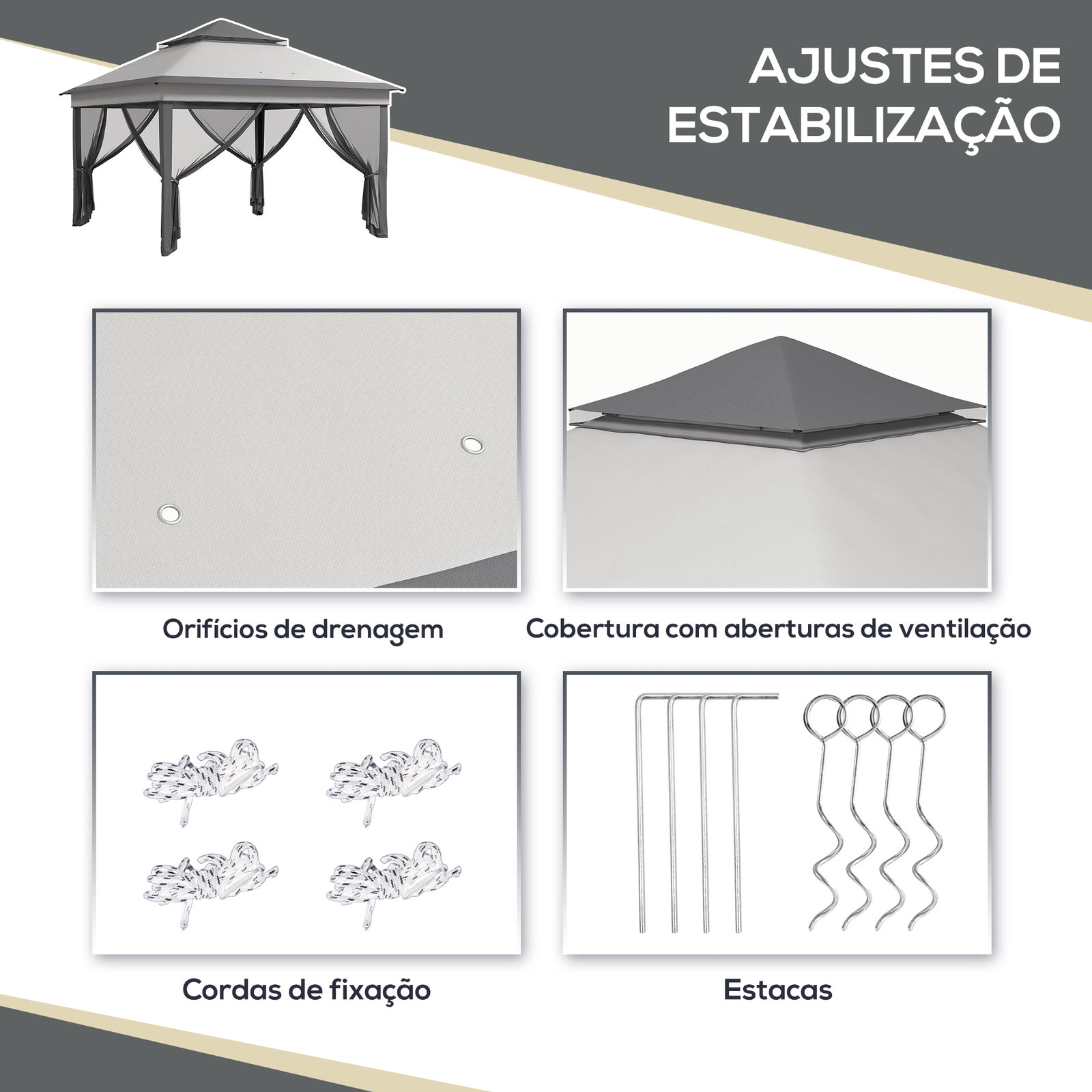 Tenda dobrável 3,26x3,26x2,72 m com altura ajustável 4 painéis de malha proteção uv30+ e bolsa de transporte cinza