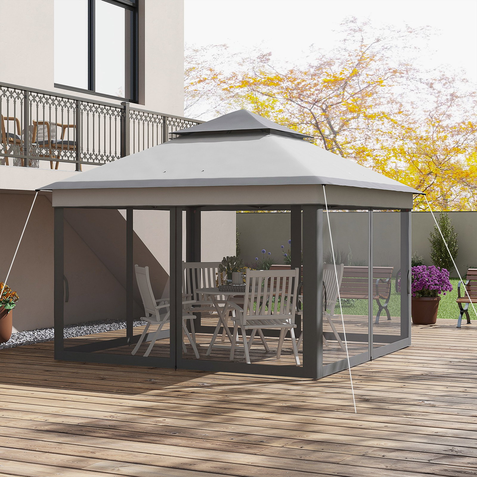 Tenda dobrável 3,26x3,26x2,72 m com altura ajustável 4 painéis de malha proteção uv30+ e bolsa de transporte cinza