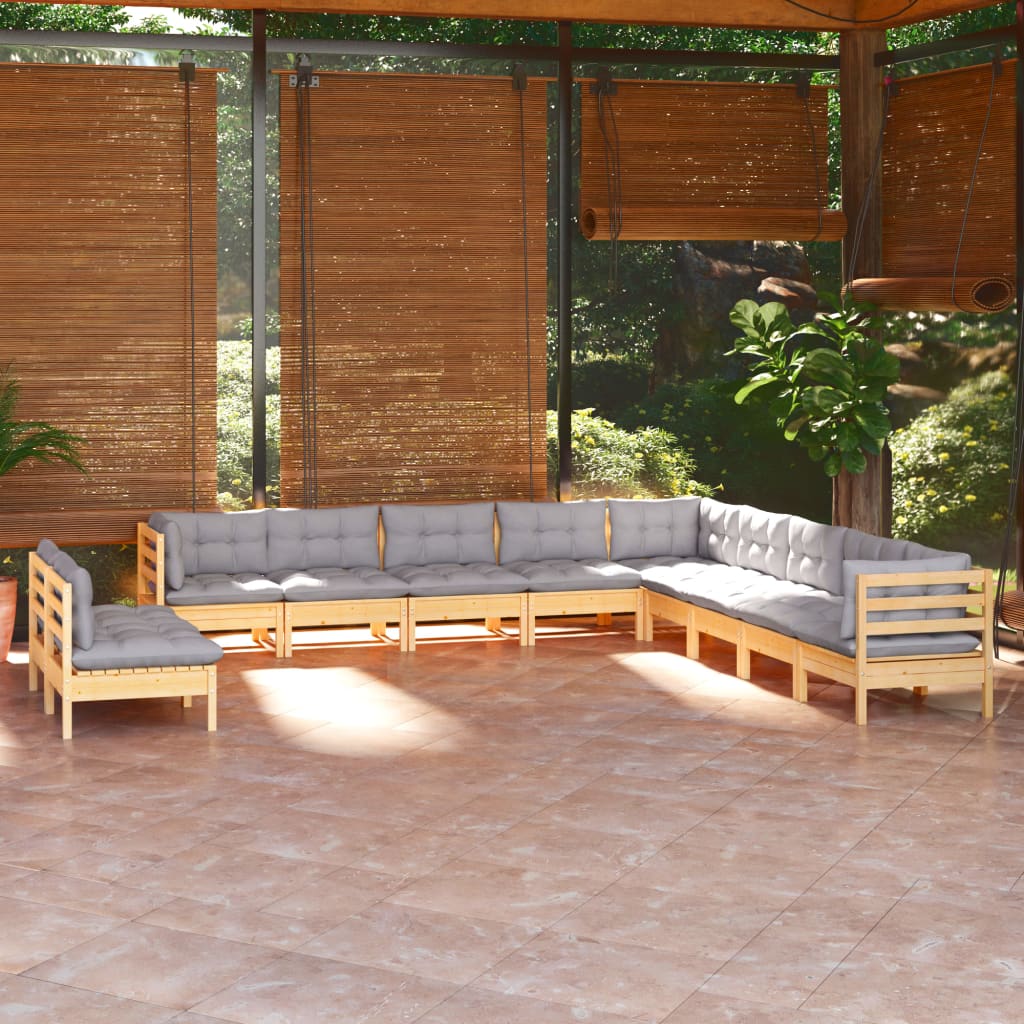 11Pcs conjunto lounge de jardim + almofadões cinza pinho maciço