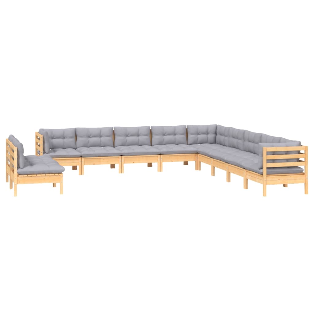 11Pcs conjunto lounge de jardim + almofadões cinza pinho maciço