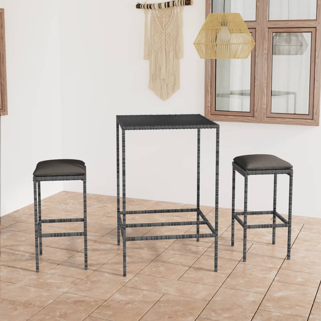 3 Pcs conjunto de bar p/ jardim c/ almofadões vime PE cinzento