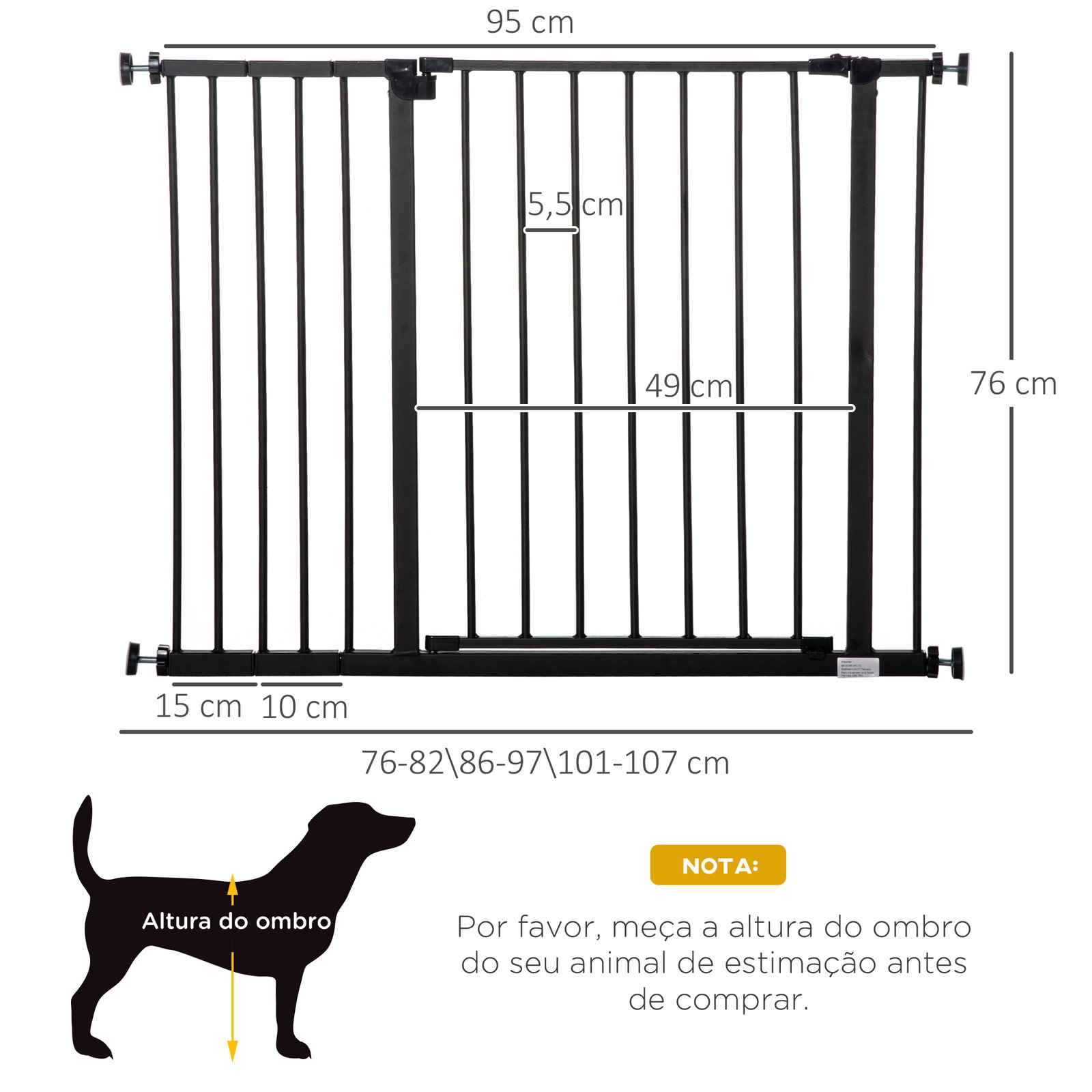 Barreira de segurança para animais de estimação extensível para escadas e portas barreira de segurança para cães 76-107x76 cm preto