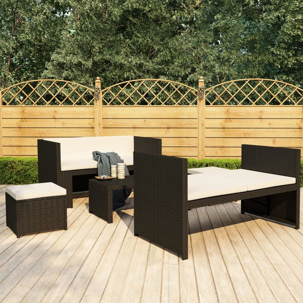 5 Pcs conjunto lounge de jardim c/ almofadões vime PE preto