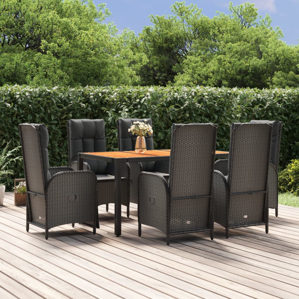 7 Pcs conjunto de jantar p/ jardim c/ almofadões vime PE preto