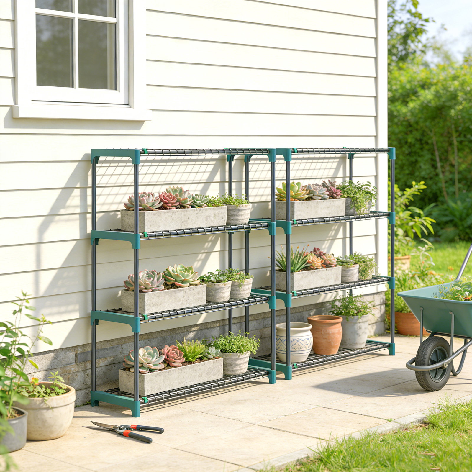 Conjunto de 2 suportes para plantas de 4 níveis interior e exterior prateleiras metálicas com conectores montagem fácil verde