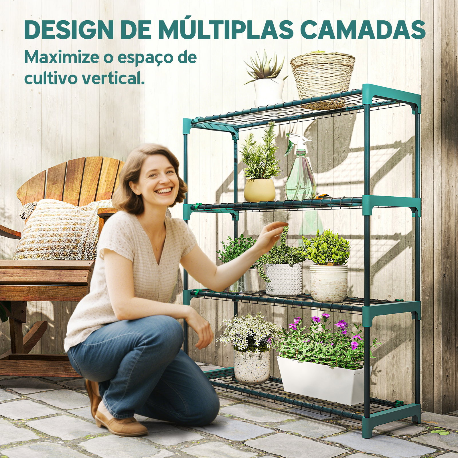 Conjunto de 2 suportes para plantas de 4 níveis interior e exterior prateleiras metálicas com conectores montagem fácil verde
