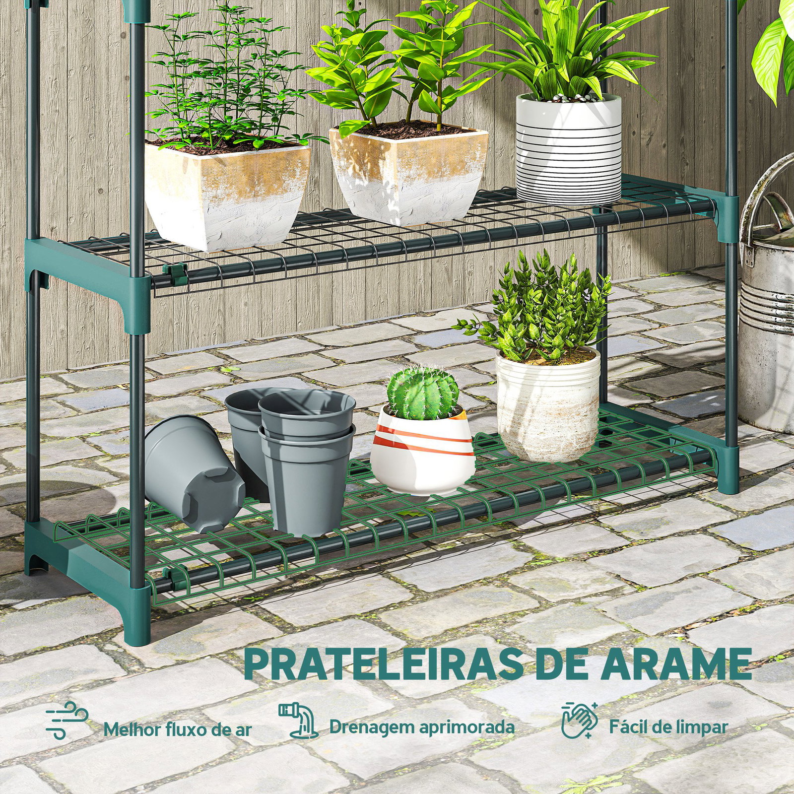 Conjunto de 2 suportes para plantas de 4 níveis interior e exterior prateleiras metálicas com conectores montagem fácil verde
