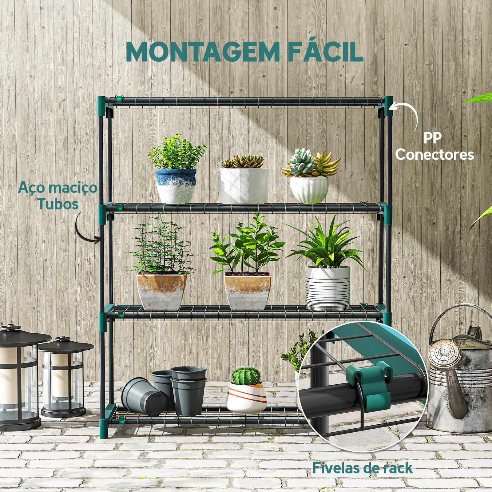Conjunto de 2 suportes para plantas de 4 níveis interior e exterior prateleiras metálicas com conectores montagem fácil verde